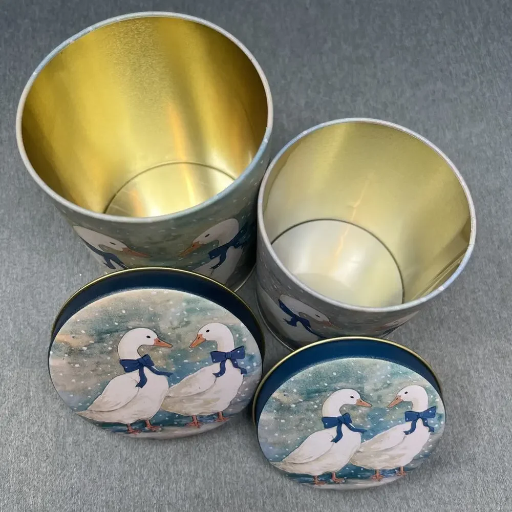 2pc Vintage 1980s Country Geese Nesting Metal Tin Canisters Blue Bow